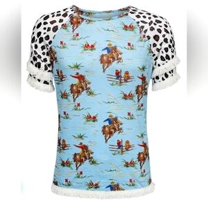 Ladies Cellabie RODEO HORSE BLUE CHEETAH TASSEL TUNIC TOP Cowgirl Med